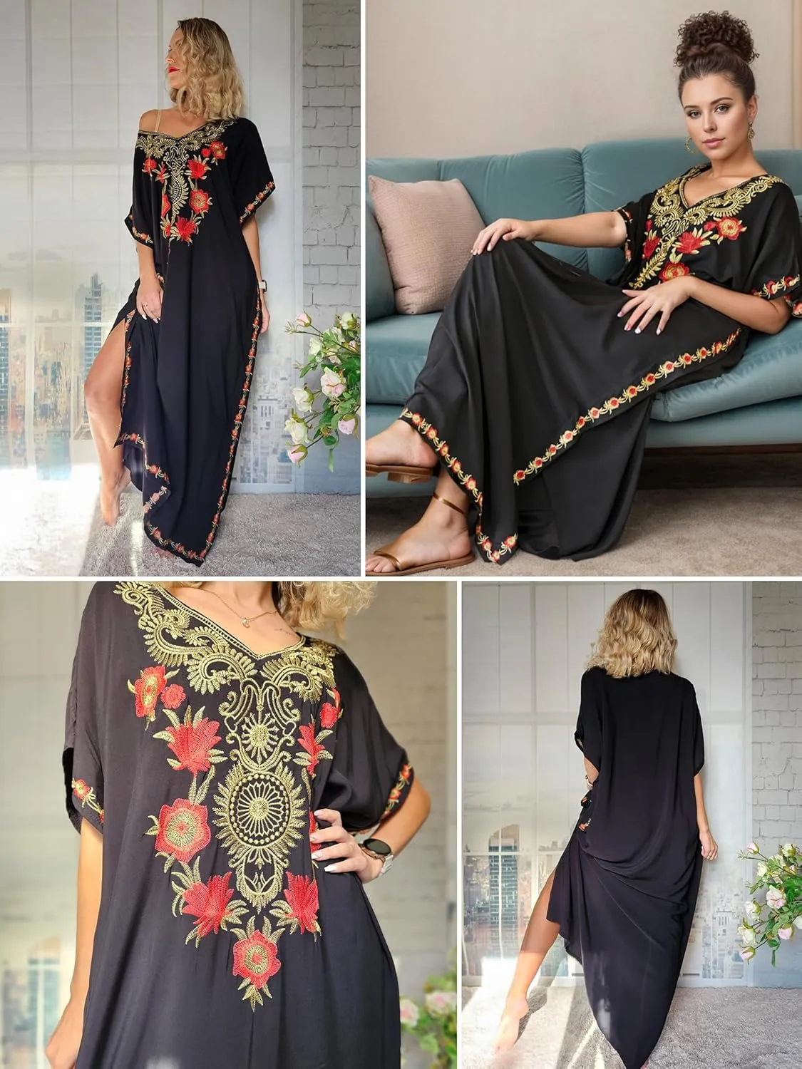 Moroccan Kaftan Dresses for Women Plus Size Caftans Loungewear Embroidered Beach Kaftan Cover up mumu House Dress