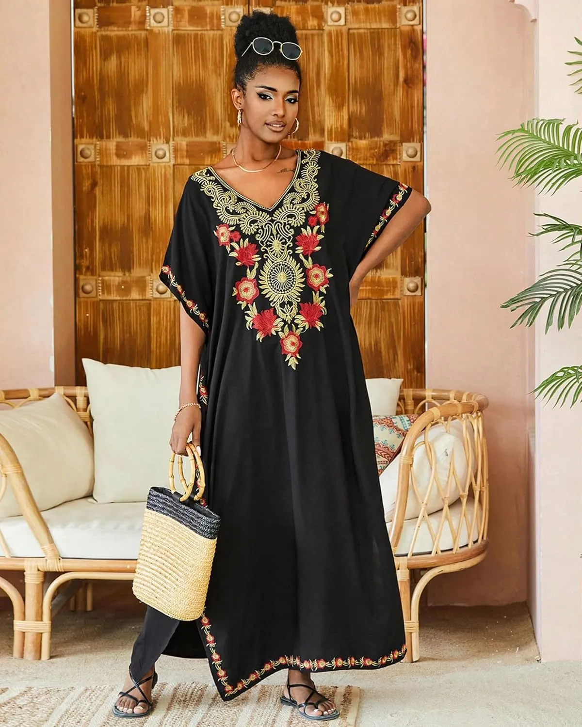 Moroccan Kaftan Dresses for Women Plus Size Caftans Loungewear Embroidered Beach Kaftan Cover up mumu House Dress