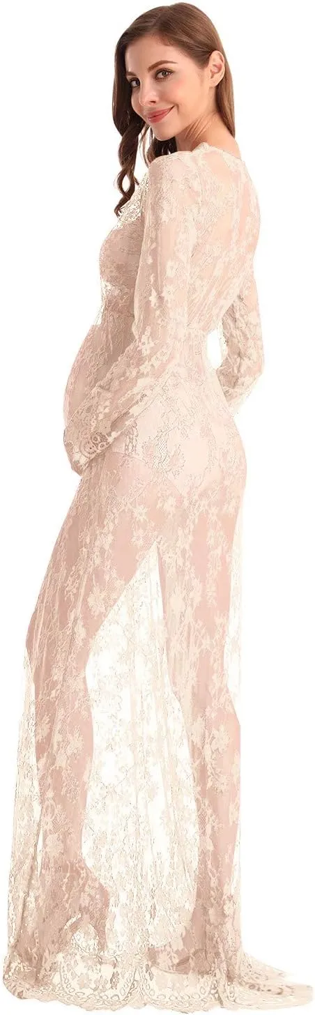 MYRISAM Boudoir Maternity Long Sleeve Lace Dress Women Deep V-Neck Wedding Party Long Dress Milk Bath Photoshoot Gown