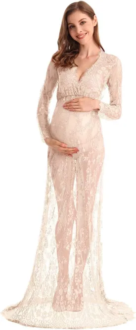 MYRISAM Boudoir Maternity Long Sleeve Lace Dress Women Deep V-Neck Wedding Party Long Dress Milk Bath Photoshoot Gown
