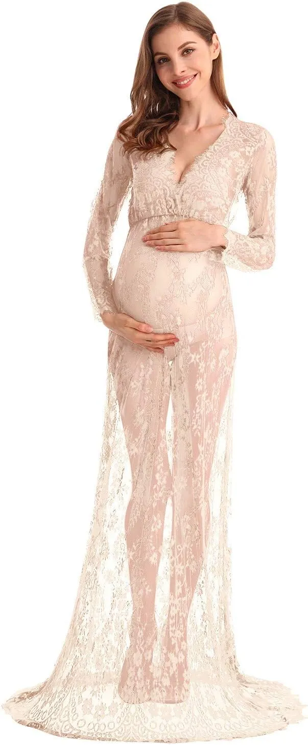 MYRISAM Boudoir Maternity Long Sleeve Lace Dress Women Deep V-Neck Wedding Party Long Dress Milk Bath Photoshoot Gown