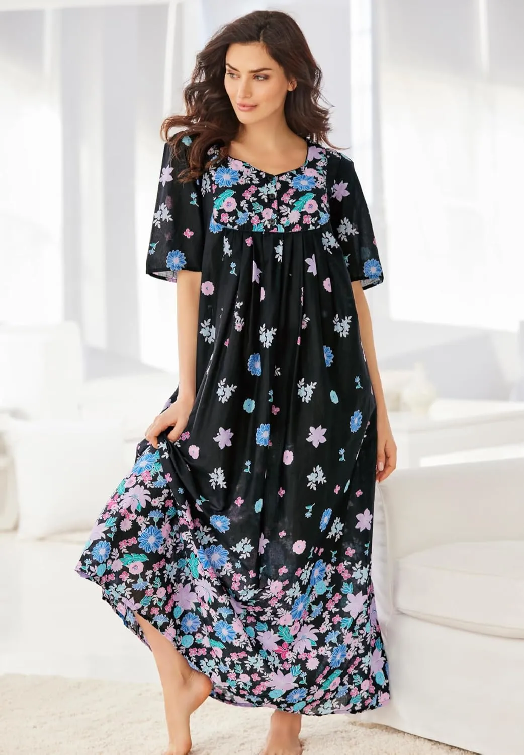 Only Necessities Women's Plus Size Bib Front Lounger House Dress, Nightgown