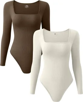 OQQ Women's 2 Piece Bodysuits Sexy Ribbed One Piece Square Neck Long Sleeve Tops