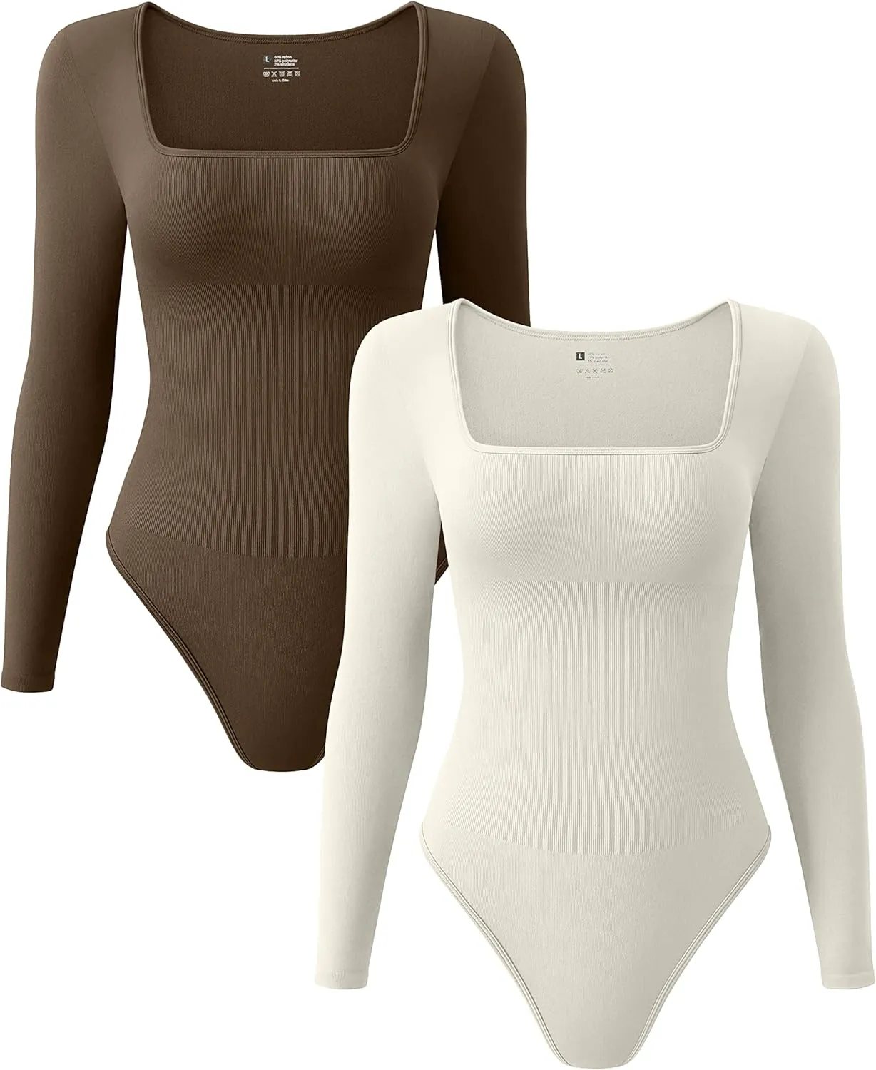 OQQ Women's 2 Piece Bodysuits Sexy Ribbed One Piece Square Neck Long Sleeve Tops