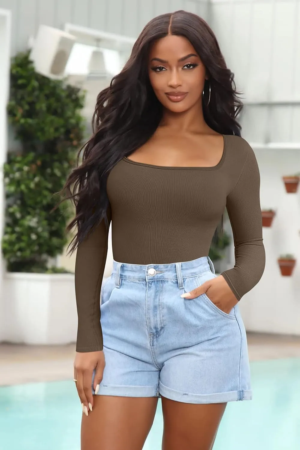 OQQ Women's 2 Piece Bodysuits Sexy Ribbed One Piece Square Neck Long Sleeve Tops