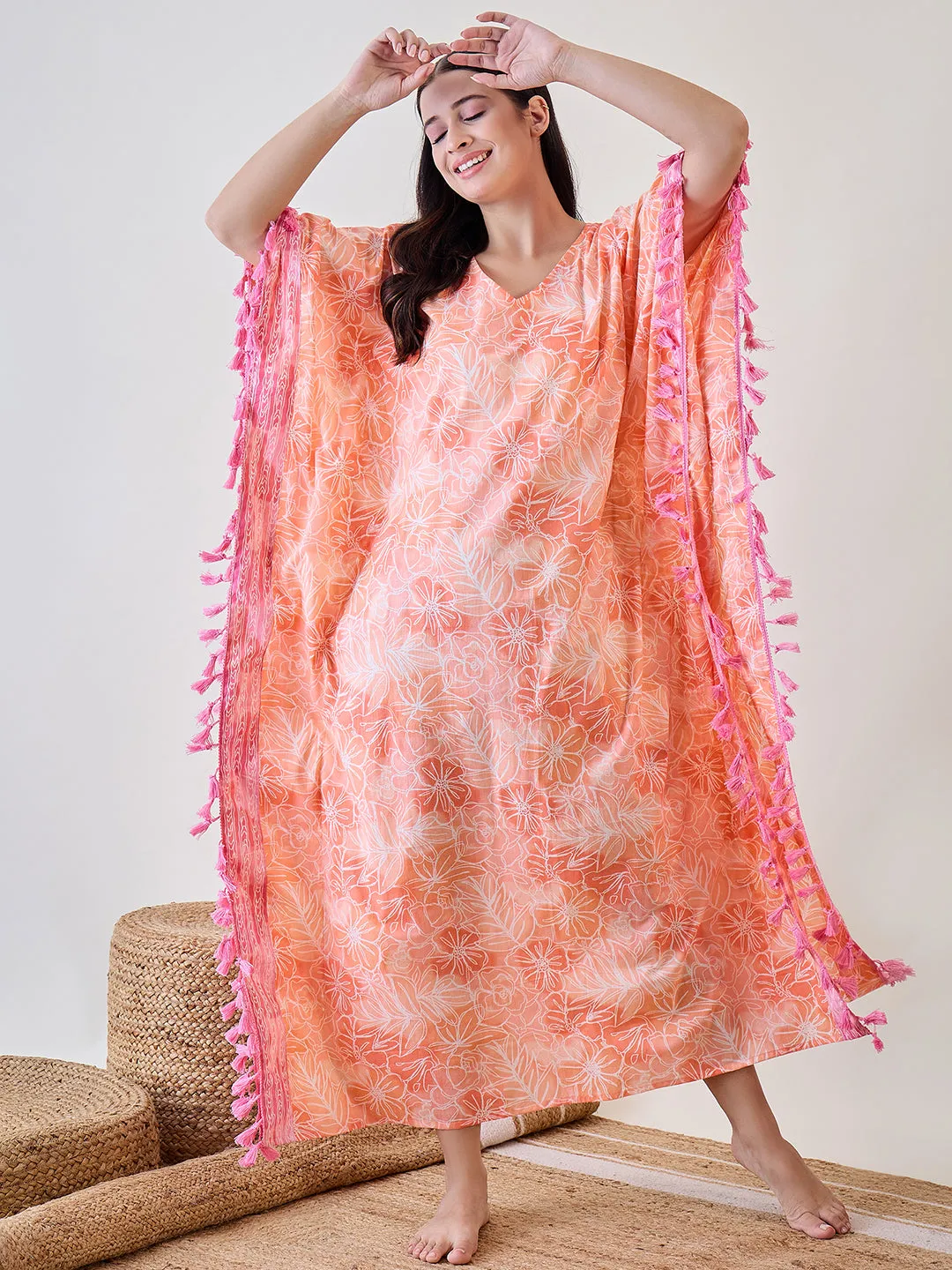 Orange Abstract Floral Pink Tasseled Cotton Kaftan Nightdress