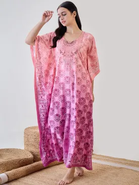 Peach Intricate Printed Crepe Kaftan Nightdress