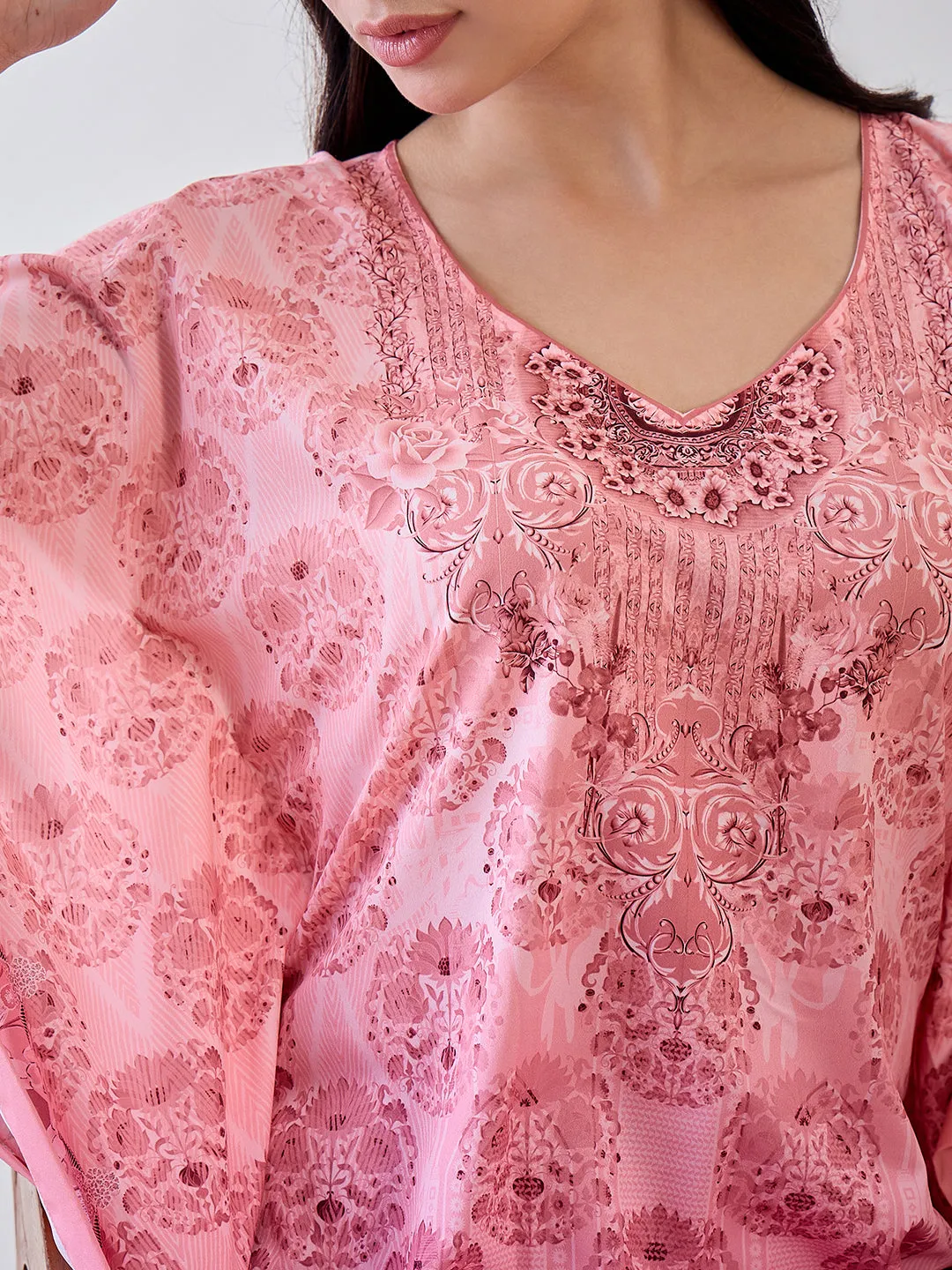 Peach Intricate Printed Crepe Kaftan Nightdress
