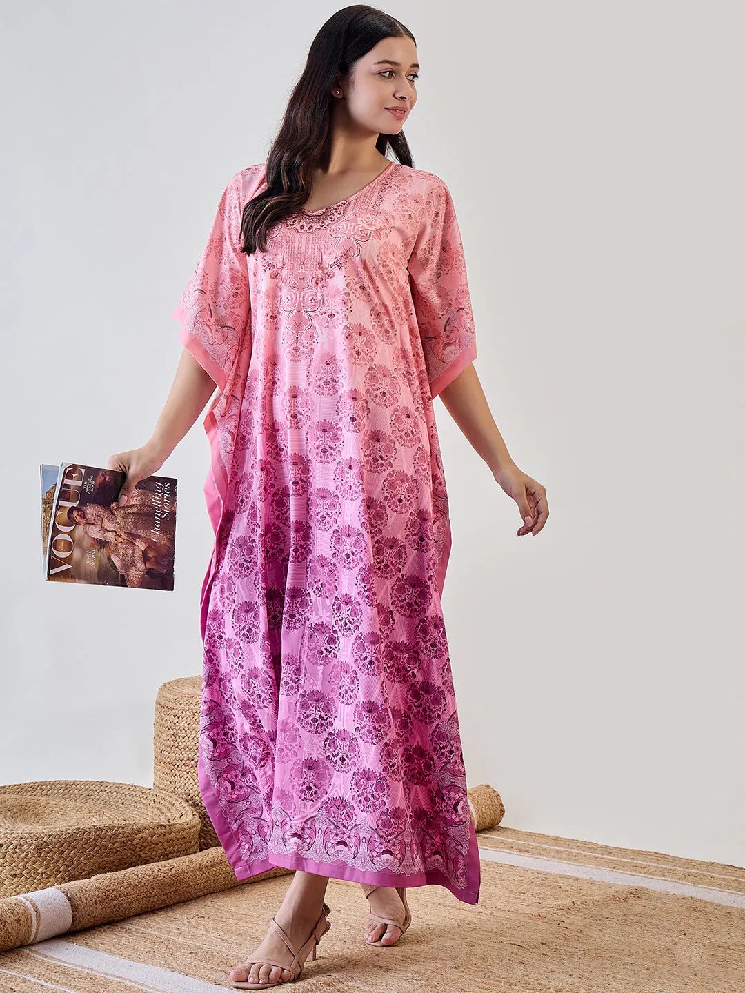 Peach Intricate Printed Crepe Kaftan Nightdress
