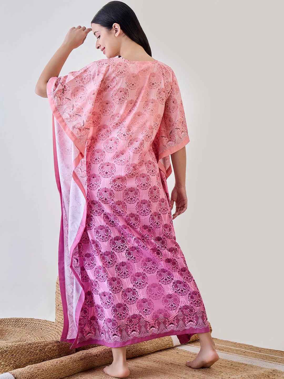 Peach Intricate Printed Crepe Kaftan Nightdress