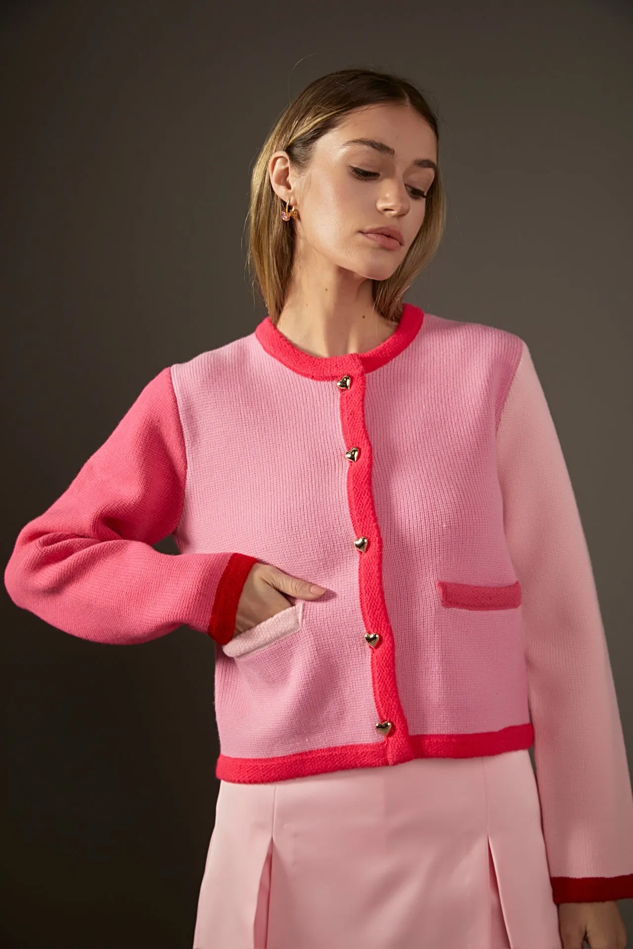 Pink Color Block Sweater Cardigan