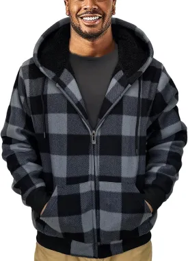 Plaid Flannel Hoodie for Men Sherpa Lined Jacket Fleece Full Zip Up Coat Winter Warm Thermal Sweatshirts Long Sleeve