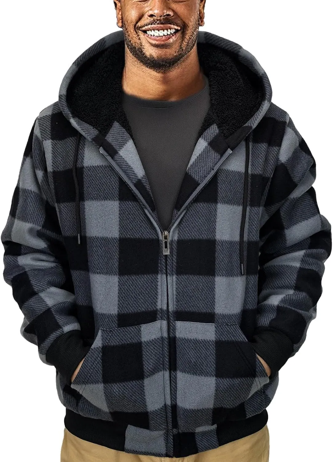 Plaid Flannel Hoodie for Men Sherpa Lined Jacket Fleece Full Zip Up Coat Winter Warm Thermal Sweatshirts Long Sleeve