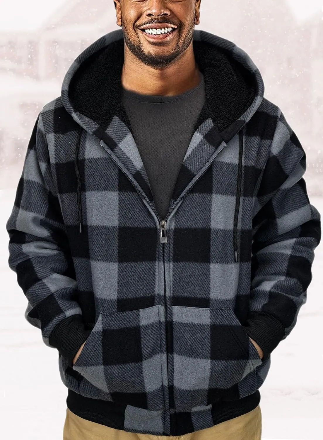 Plaid Flannel Hoodie for Men Sherpa Lined Jacket Fleece Full Zip Up Coat Winter Warm Thermal Sweatshirts Long Sleeve
