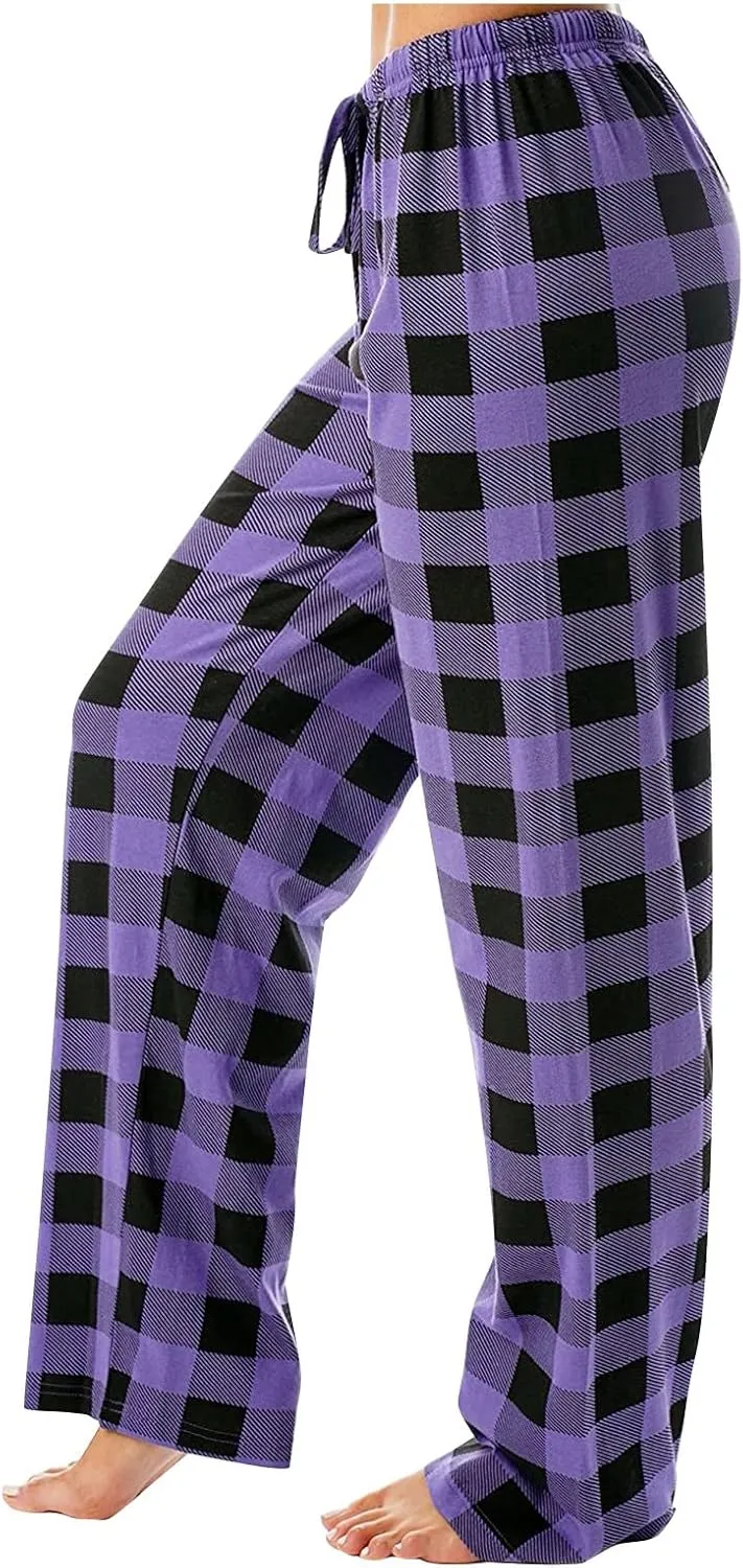 Plaid Pajama Pants Women Soft Comfy Buffalo Plaid Pj Pants Y2k Baggy Lightweight High Waisted Wide Leg Lounge Pants