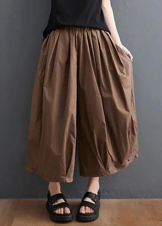 Plus Size Brown Pockets Wide Leg Pants Trousers Summer Cotton Linen