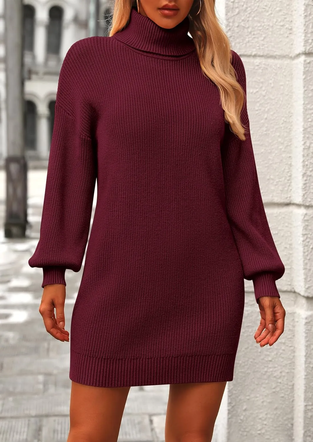 PRETTYGARDEN Sweater Dress for Women Long Puff Sleeve Turtleneck Ribbed Knit Oversized Pullover Winter Short Dress