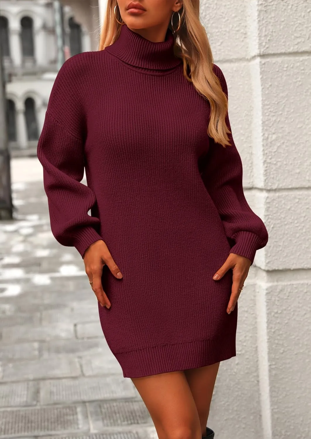 PRETTYGARDEN Sweater Dress for Women Long Puff Sleeve Turtleneck Ribbed Knit Oversized Pullover Winter Short Dress