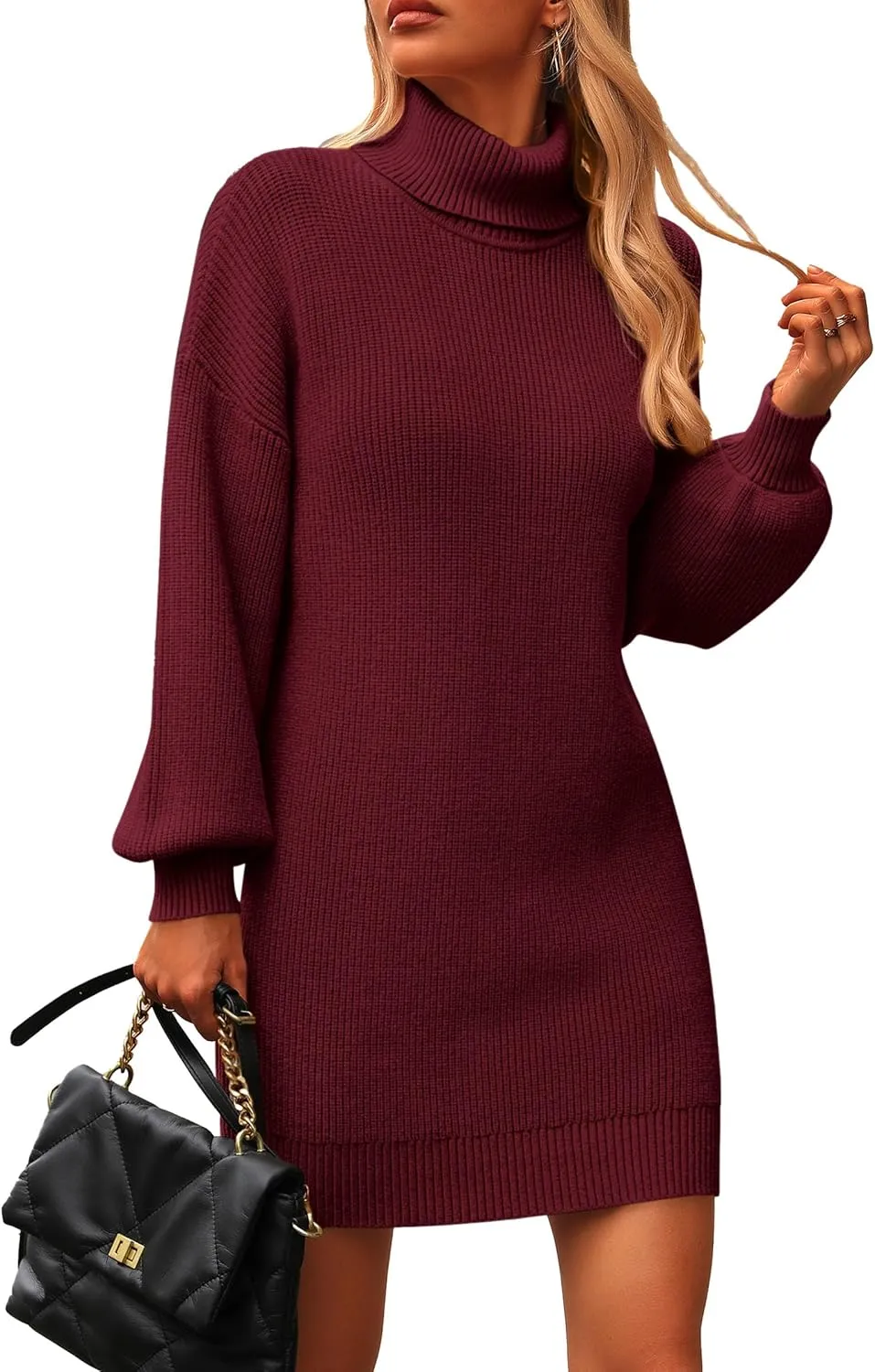 PRETTYGARDEN Sweater Dress for Women Long Puff Sleeve Turtleneck Ribbed Knit Oversized Pullover Winter Short Dress