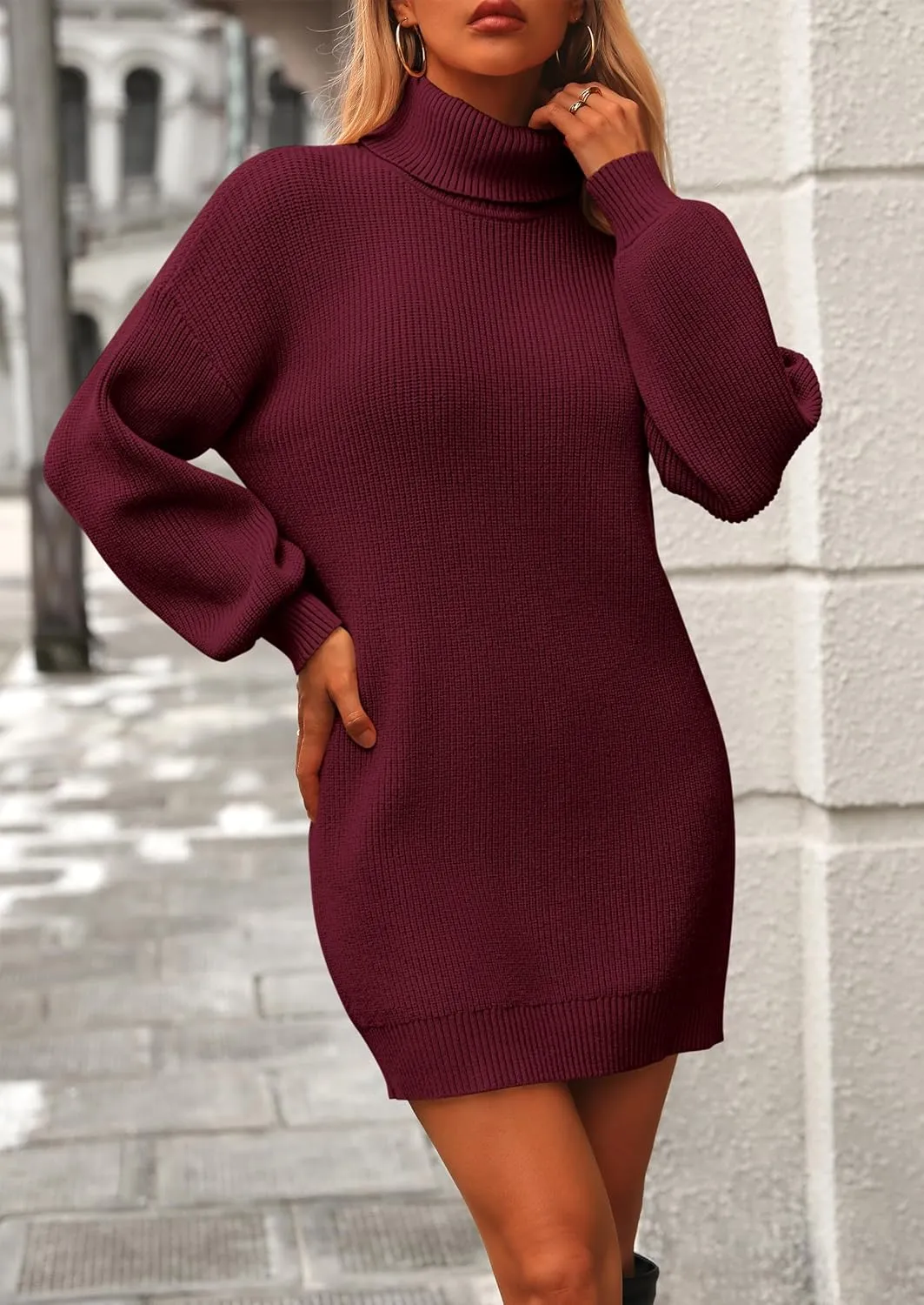 PRETTYGARDEN Sweater Dress for Women Long Puff Sleeve Turtleneck Ribbed Knit Oversized Pullover Winter Short Dress
