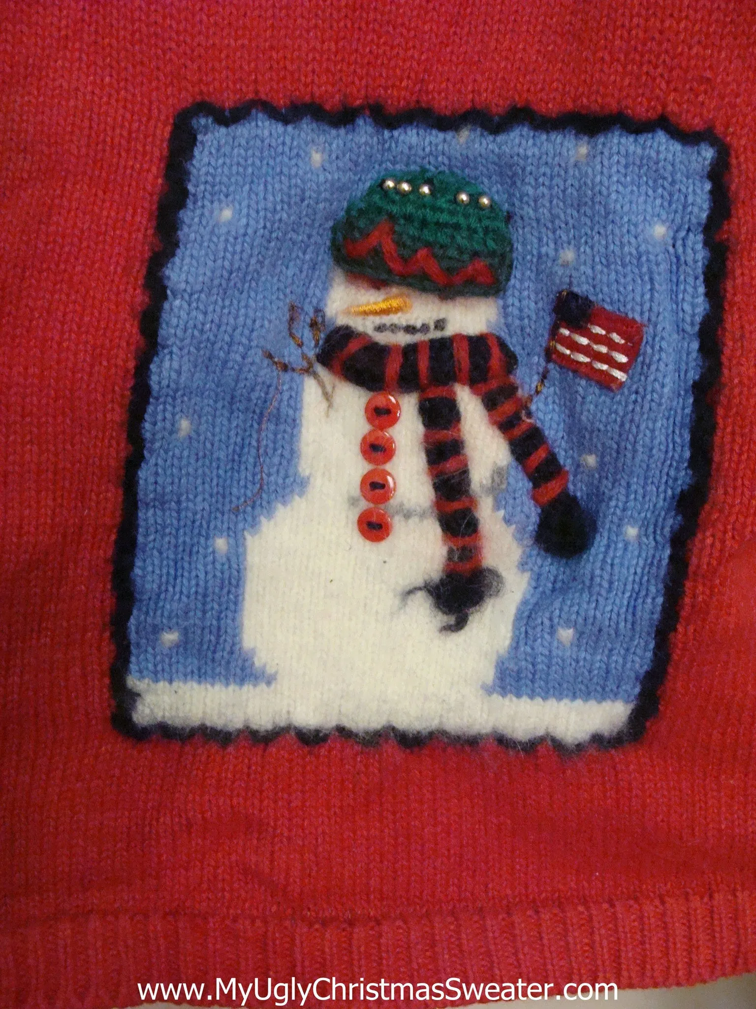 Red Cardigan with a Patriotic Snowman Ugly Christmas Sweater