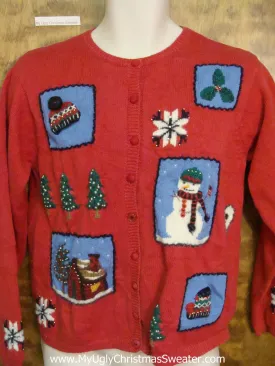 Red Cardigan with a Patriotic Snowman Ugly Christmas Sweater
