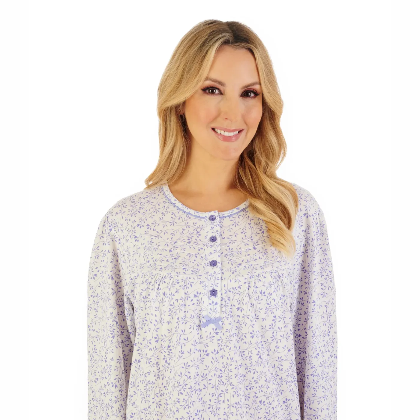 Slenderella Leaf Print Jersey Long Sleeve Nightdress | Blue