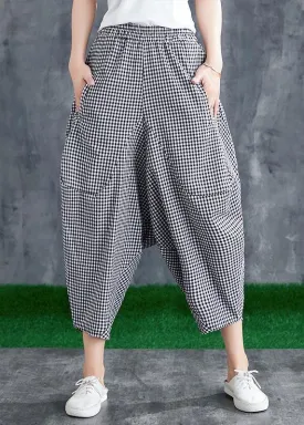 Stitching Cotton Linen Drop Crotch Pants Summer Linen Plaid Loose Large Size