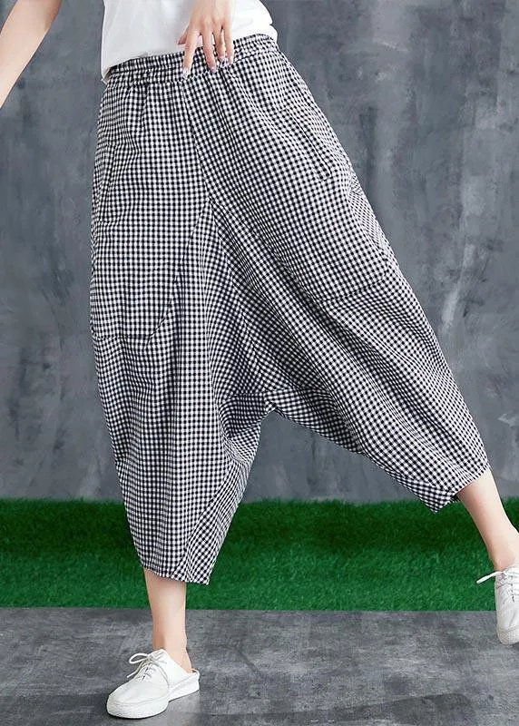 Stitching Cotton Linen Drop Crotch Pants Summer Linen Plaid Loose Large Size