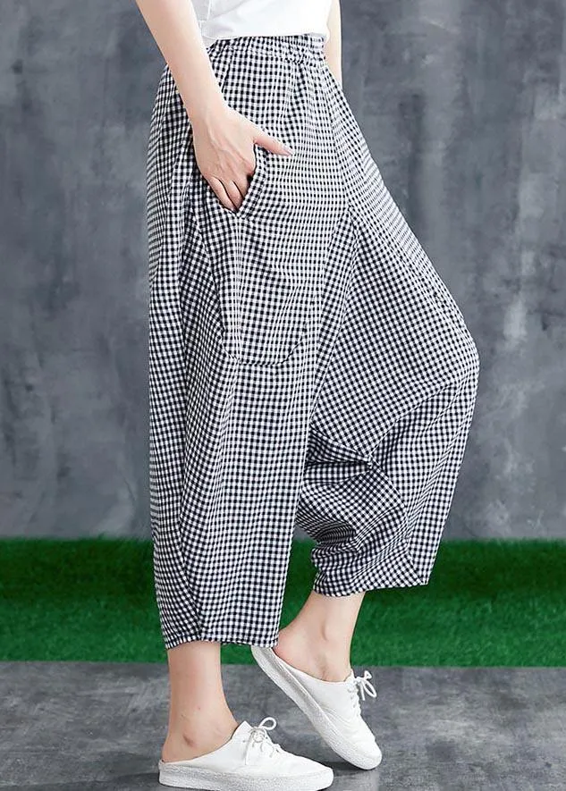 Stitching Cotton Linen Drop Crotch Pants Summer Linen Plaid Loose Large Size