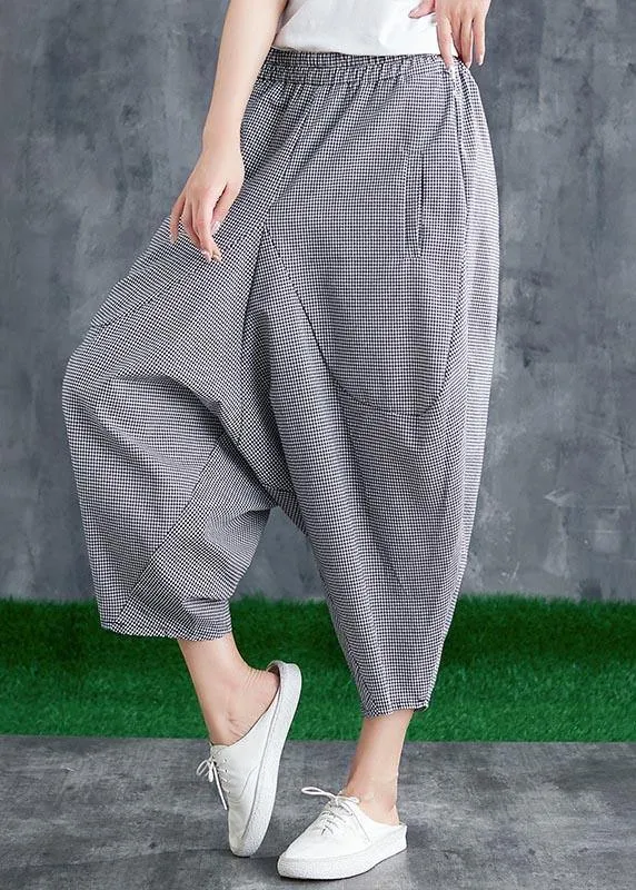 Stitching Cotton Linen Drop Crotch Pants Summer Linen Plaid Loose Large Size