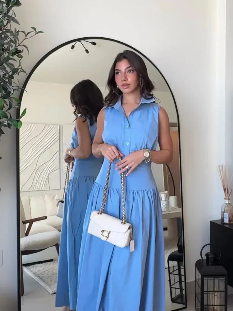TAVIMART  -  Casual Sleeveless Slim Women Long Dresses Fashion Bule Lapel Single Breasted Patchwork Pleated Dress Summer Lady Street Robes