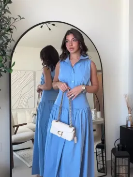 TAVIMART  -  Casual Sleeveless Slim Women Long Dresses Fashion Bule Lapel Single Breasted Patchwork Pleated Dress Summer Lady Street Robes
