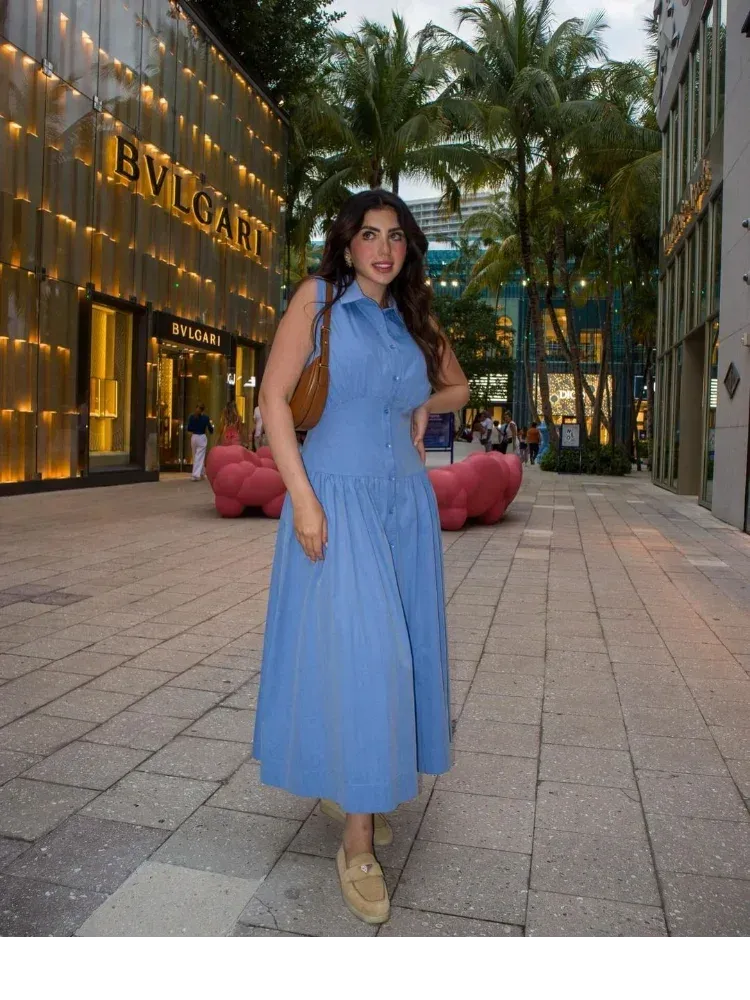 TAVIMART  -  Casual Sleeveless Slim Women Long Dresses Fashion Bule Lapel Single Breasted Patchwork Pleated Dress Summer Lady Street Robes