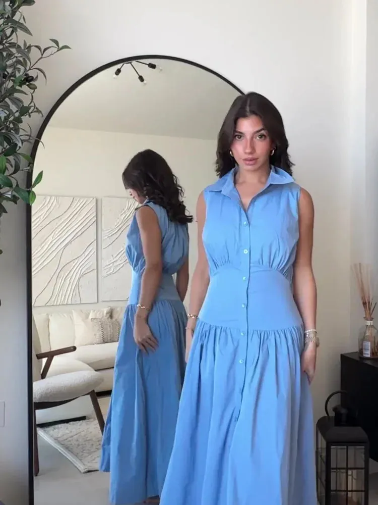 TAVIMART  -  Casual Sleeveless Slim Women Long Dresses Fashion Bule Lapel Single Breasted Patchwork Pleated Dress Summer Lady Street Robes