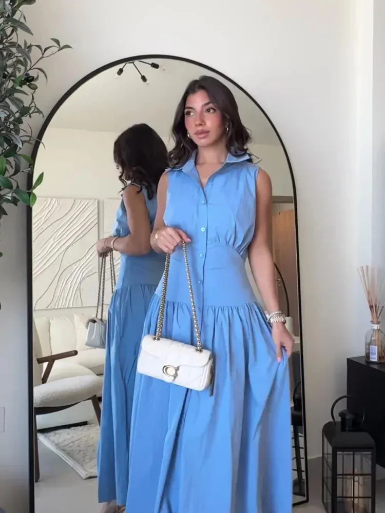 TAVIMART  -  Casual Sleeveless Slim Women Long Dresses Fashion Bule Lapel Single Breasted Patchwork Pleated Dress Summer Lady Street Robes