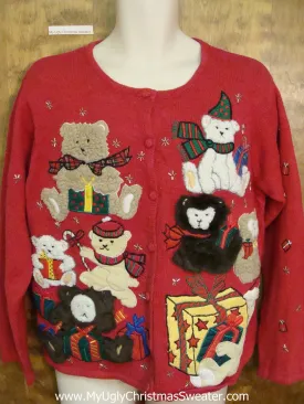 Teddy Bear Party 2sided Ugly Christmas Sweater Cardigan