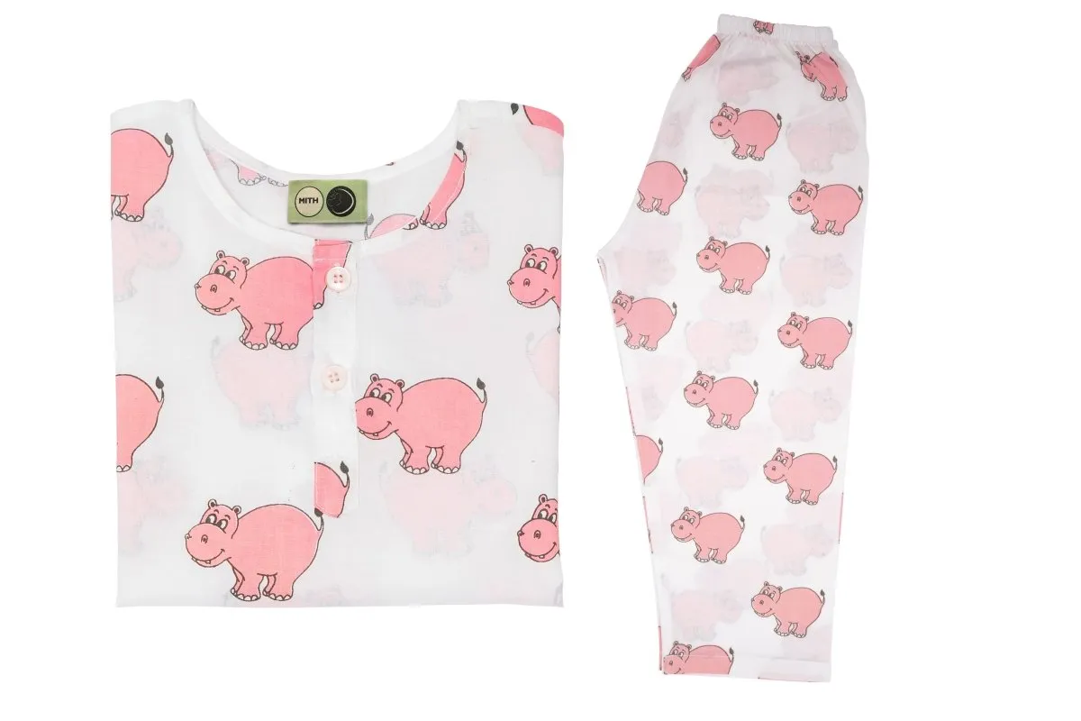 The Cheerful Hippo- Unisex Kids Cotton Nightwear