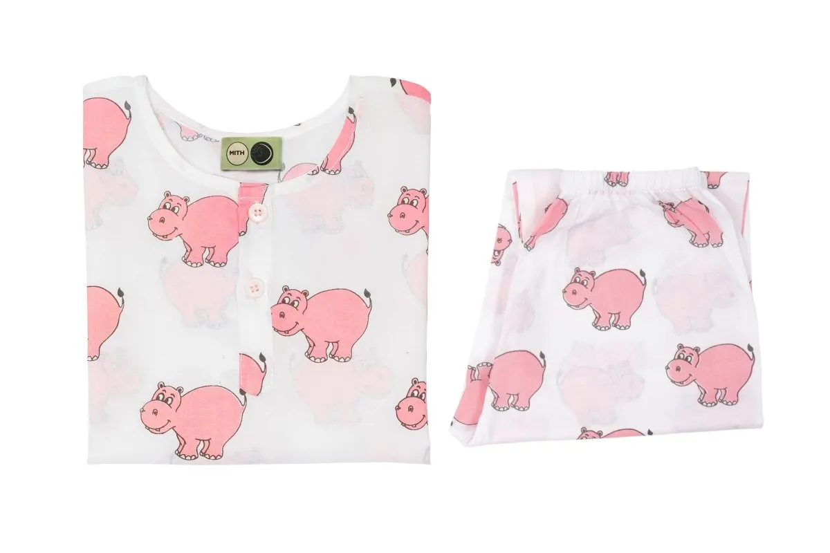 The Cheerful Hippo- Unisex Kids Cotton Nightwear