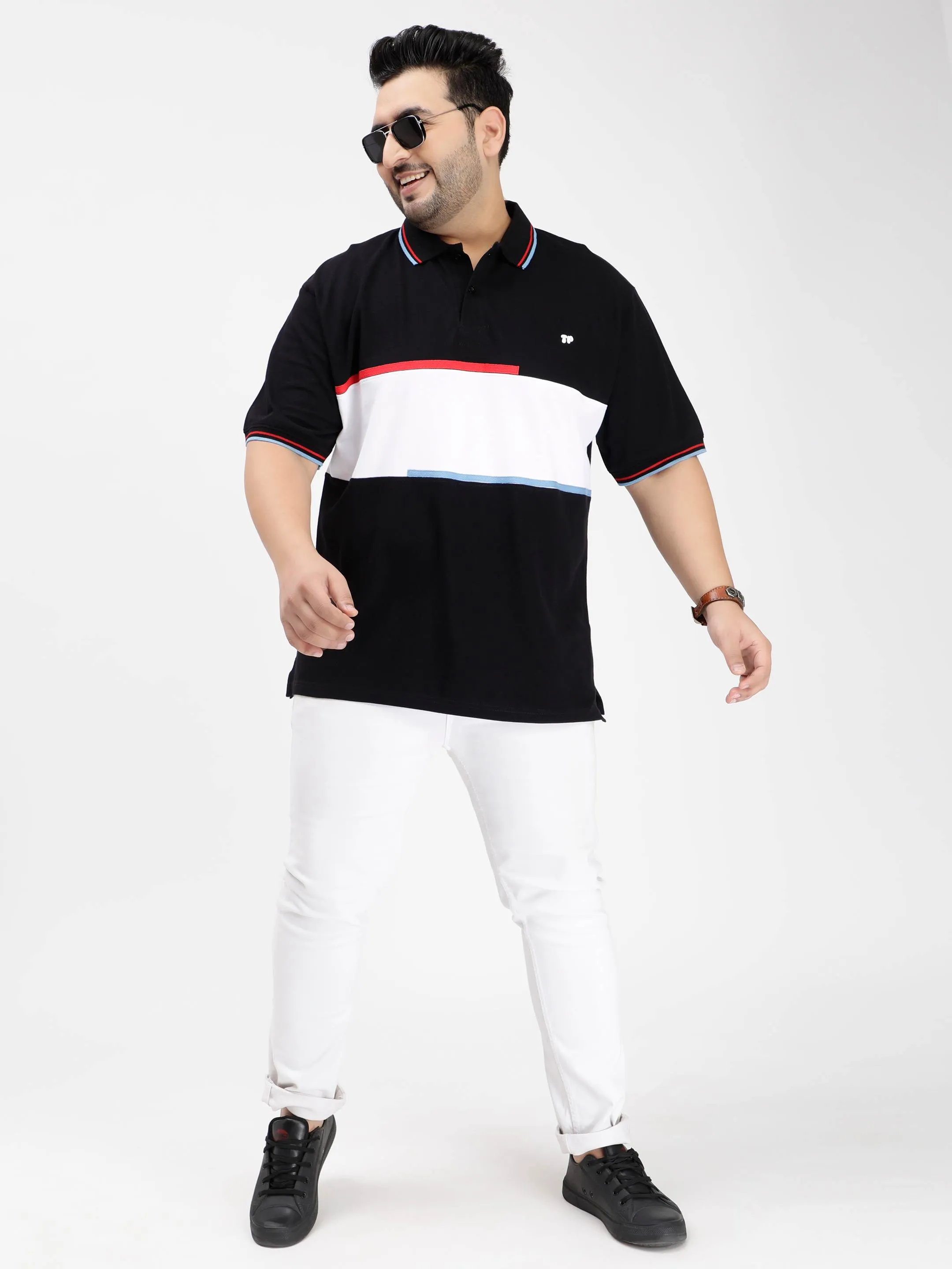 White Color Block Plus Size Polo T-shirt