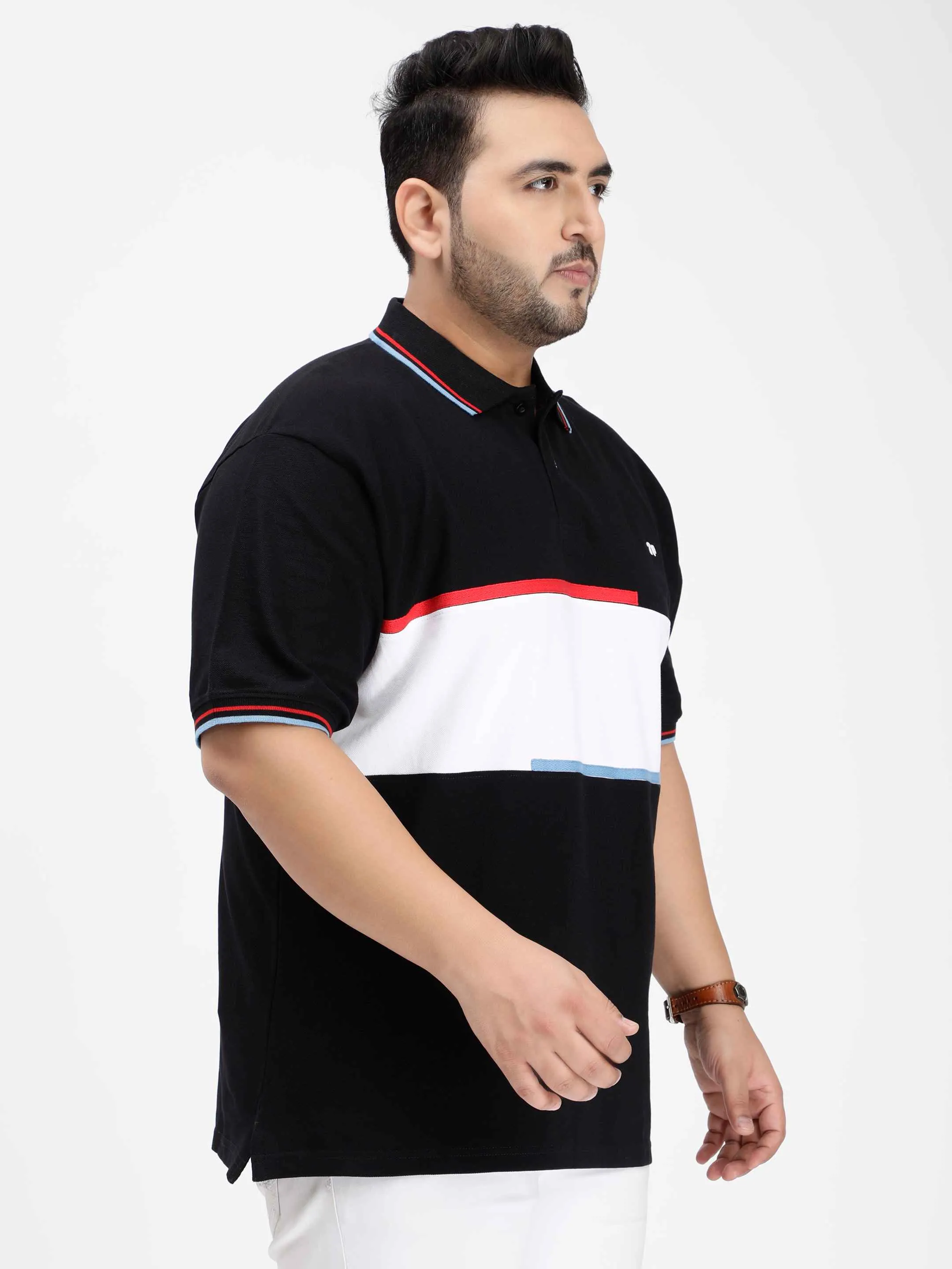 White Color Block Plus Size Polo T-shirt