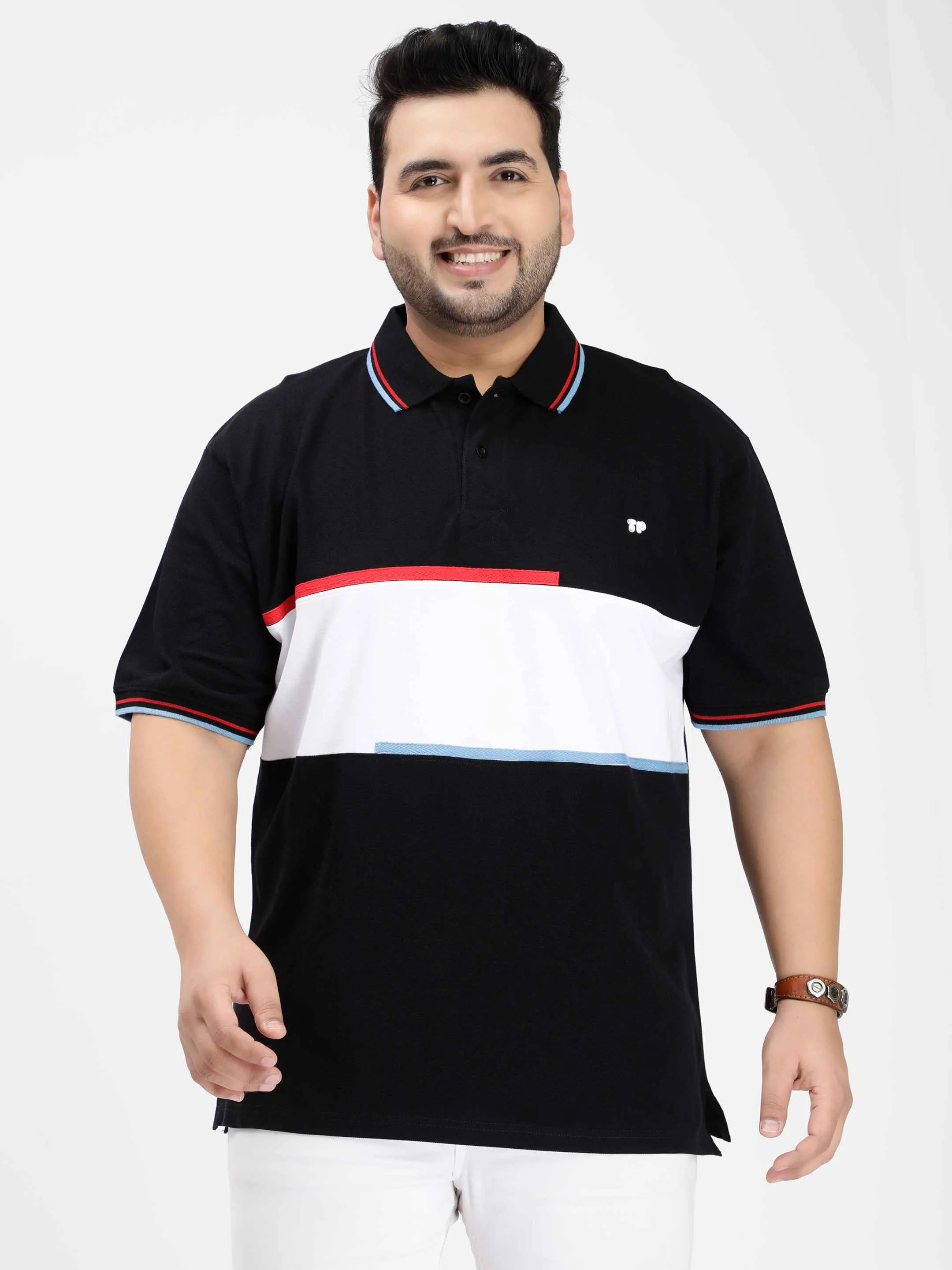 White Color Block Plus Size Polo T-shirt