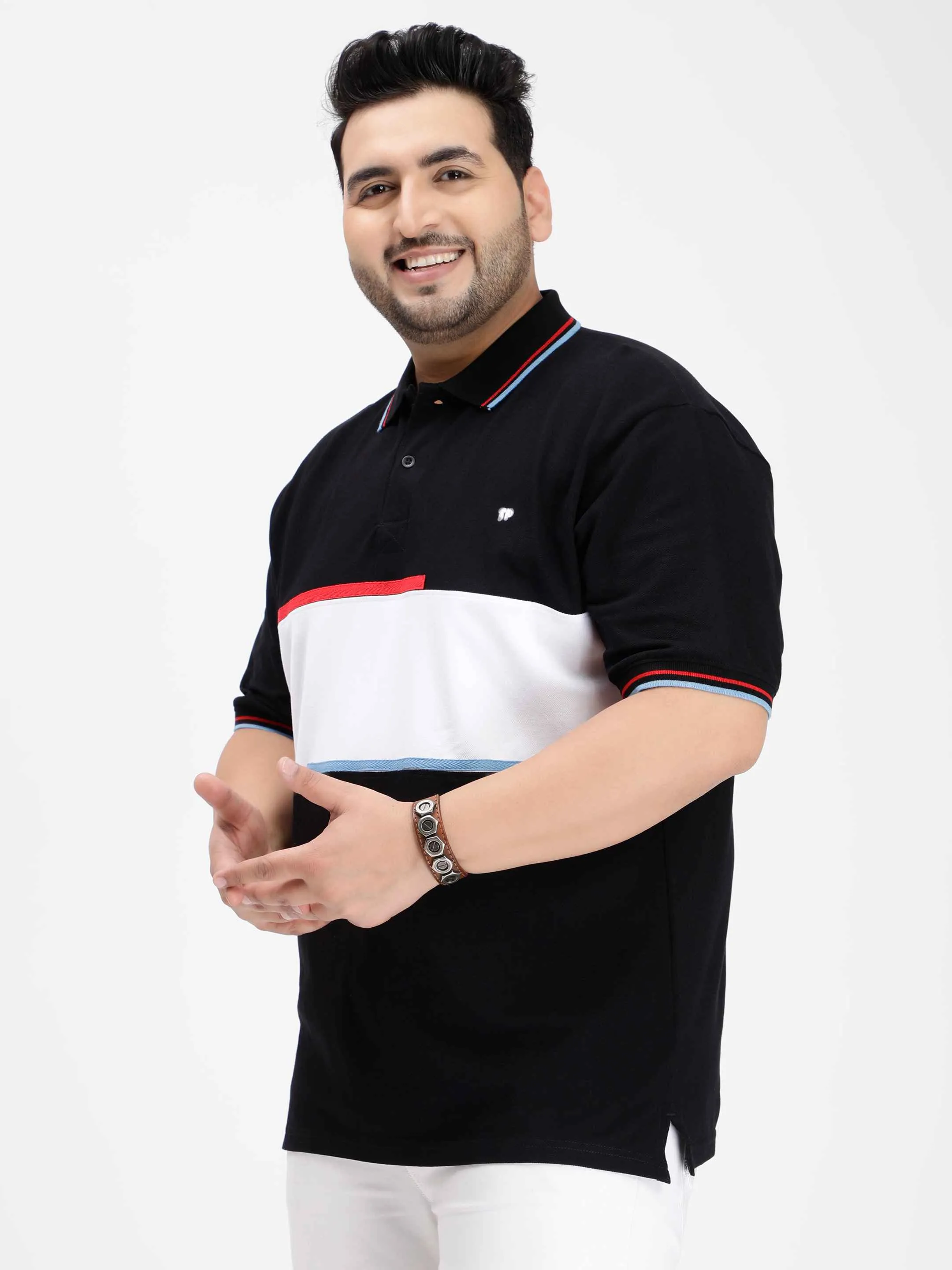 White Color Block Plus Size Polo T-shirt