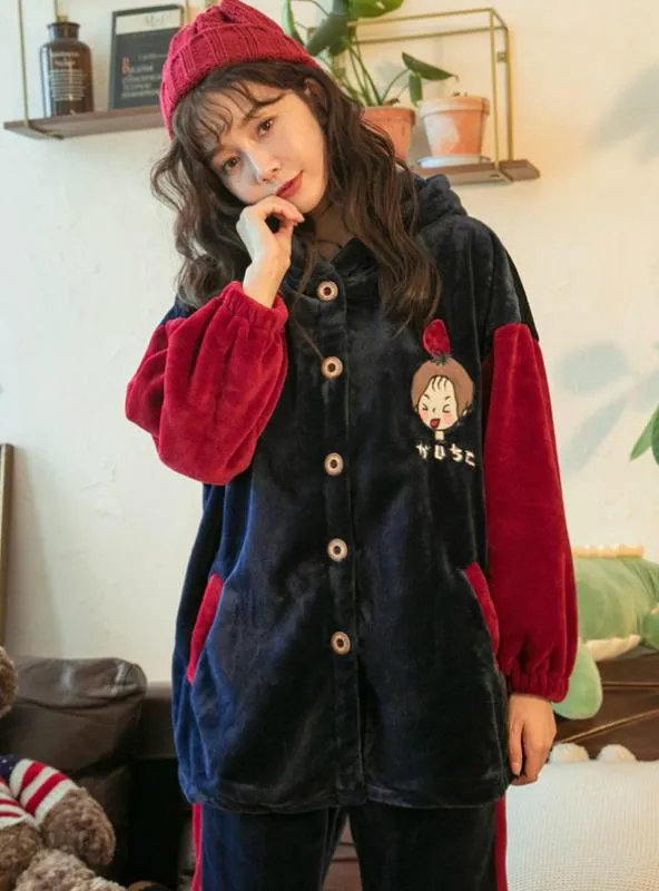 WINTER HOODED PAJAMAS GIRL CUTE CARTOONSTRAWBERRY