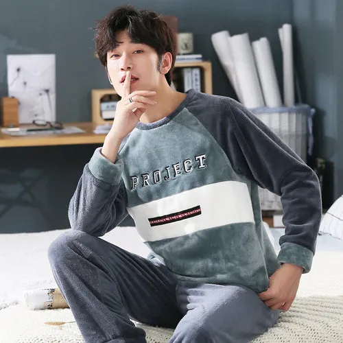 Wjczt 4XL 5XL 95kg Nightwear Long Sleeve Winter Warm Flannel Pajamas Sets Print Sleepwear Long Pant Male Men Pajama Set