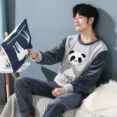 Wjczt 4XL 5XL 95kg Nightwear Long Sleeve Winter Warm Flannel Pajamas Sets Print Sleepwear Long Pant Male Men Pajama Set