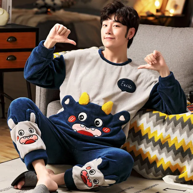 Wjczt 4XL 5XL 95kg Nightwear Long Sleeve Winter Warm Flannel Pajamas Sets Print Sleepwear Long Pant Male Men Pajama Set