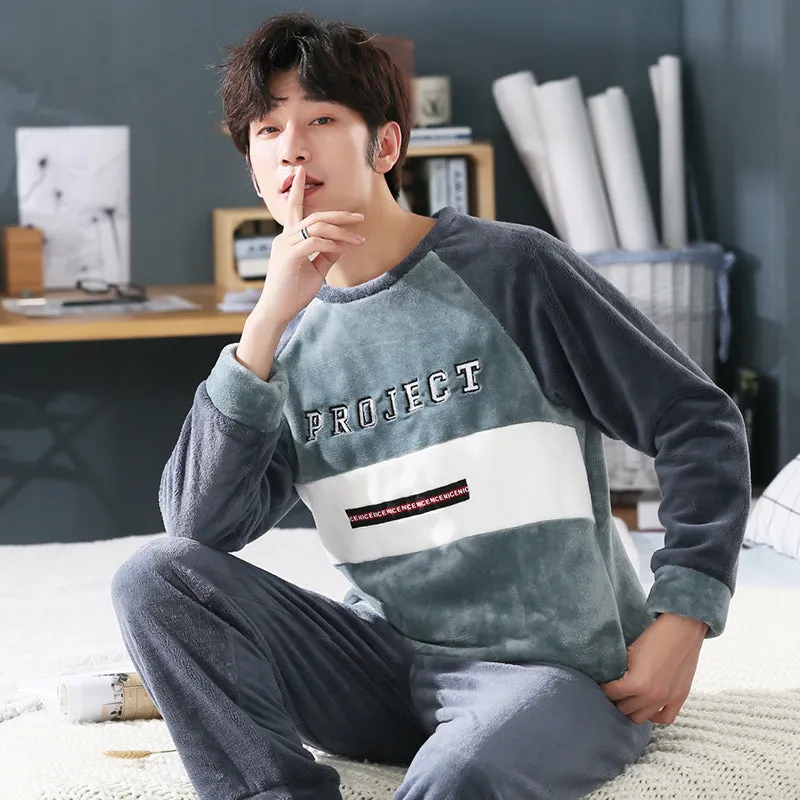 Wjczt 4XL 5XL 95kg Nightwear Long Sleeve Winter Warm Flannel Pajamas Sets Print Sleepwear Long Pant Male Men Pajama Set