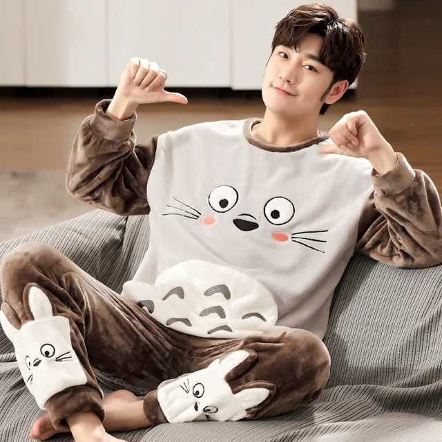 Wjczt 4XL 5XL 95kg Nightwear Long Sleeve Winter Warm Flannel Pajamas Sets Print Sleepwear Long Pant Male Men Pajama Set