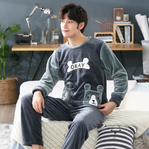 Wjczt 4XL 5XL 95kg Nightwear Long Sleeve Winter Warm Flannel Pajamas Sets Print Sleepwear Long Pant Male Men Pajama Set